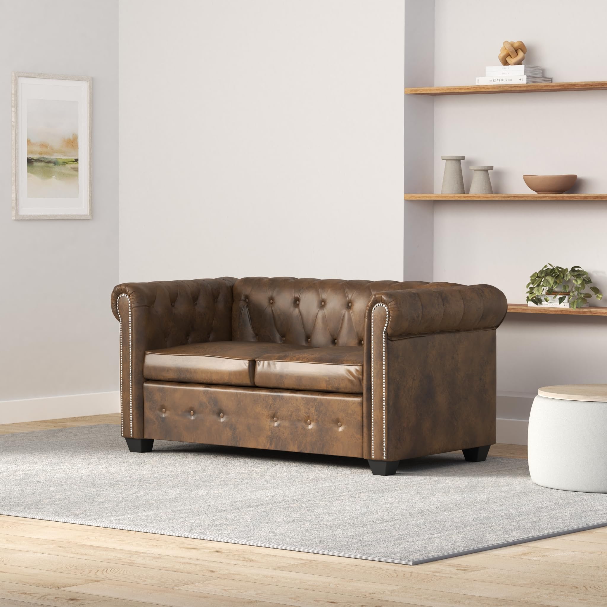 vidaXL Sofa, Upholstered Settee Couch Sofa with Tufted Arms, Chesterfield Loveseat for Home Living Room Bedroom Office, Brown Faux Leather